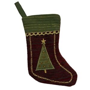 5" Holiday‎ Christmas Stocking Red Tree Embroidered Gold Trim Hanging Loop